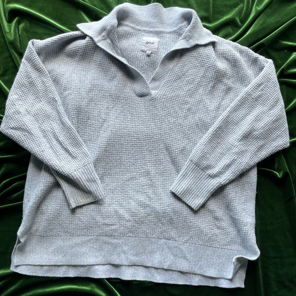 Aerie Gray V-Neck Sweater Soft Cotton Blend